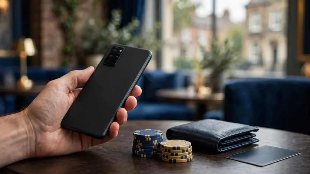 Smartphone and casino payment essentials on a UK table