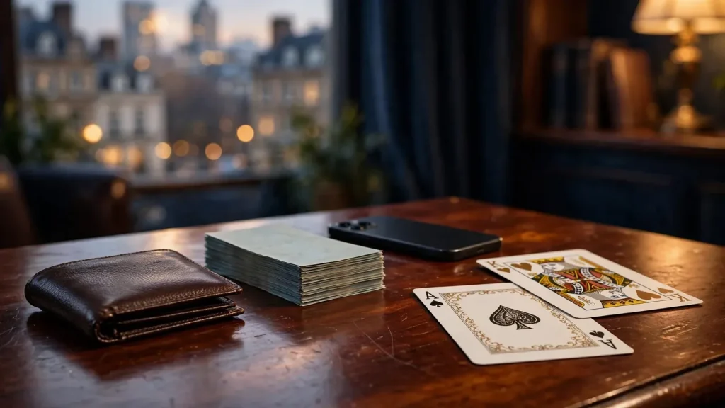 British casino-themed still life with sterling banknotes, face-down smartphone, and playing card motifs on a mahogany desk