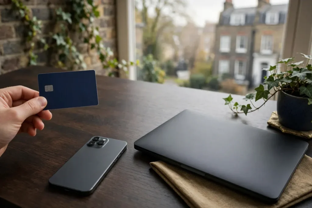 Unbranded debit card beside a turned-away smartphone on a desk