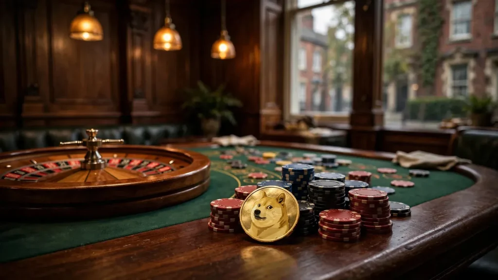 Dogecoin coin on a UK casino table with chips and roulette wheel