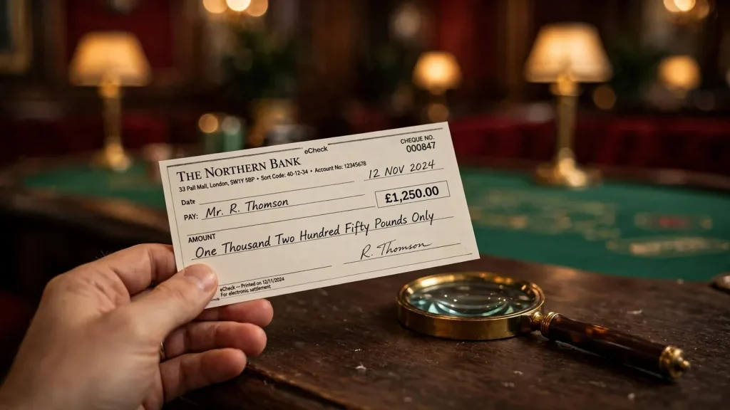 Hand inspecting a bank cheque with a magnifying glass in a British casino lounge.