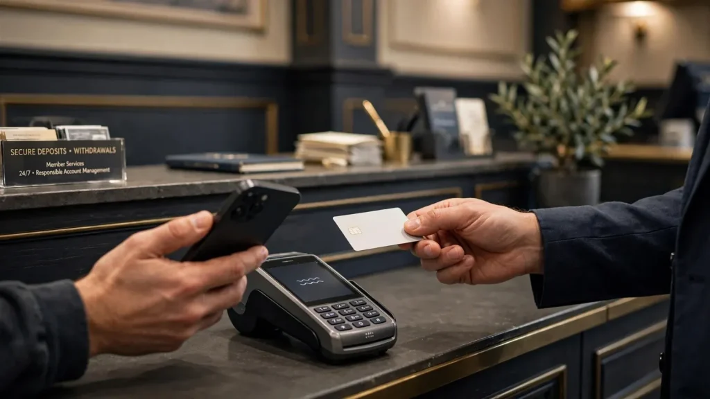 Smartphone e-wallet payment beside a card at a modern UK casino cashier
