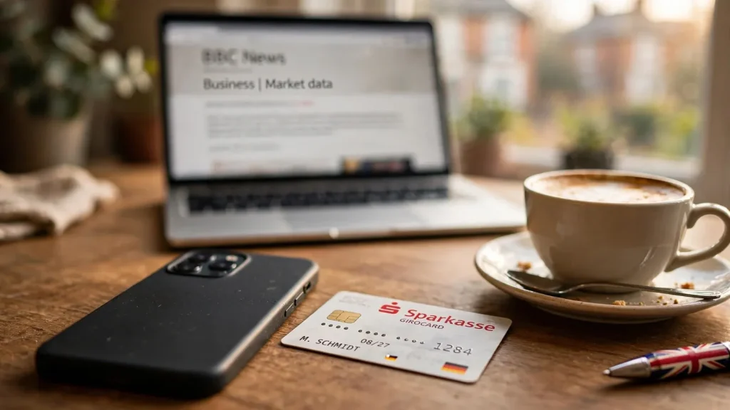 Smartphone face-down on desk with German bank card, laptop in background