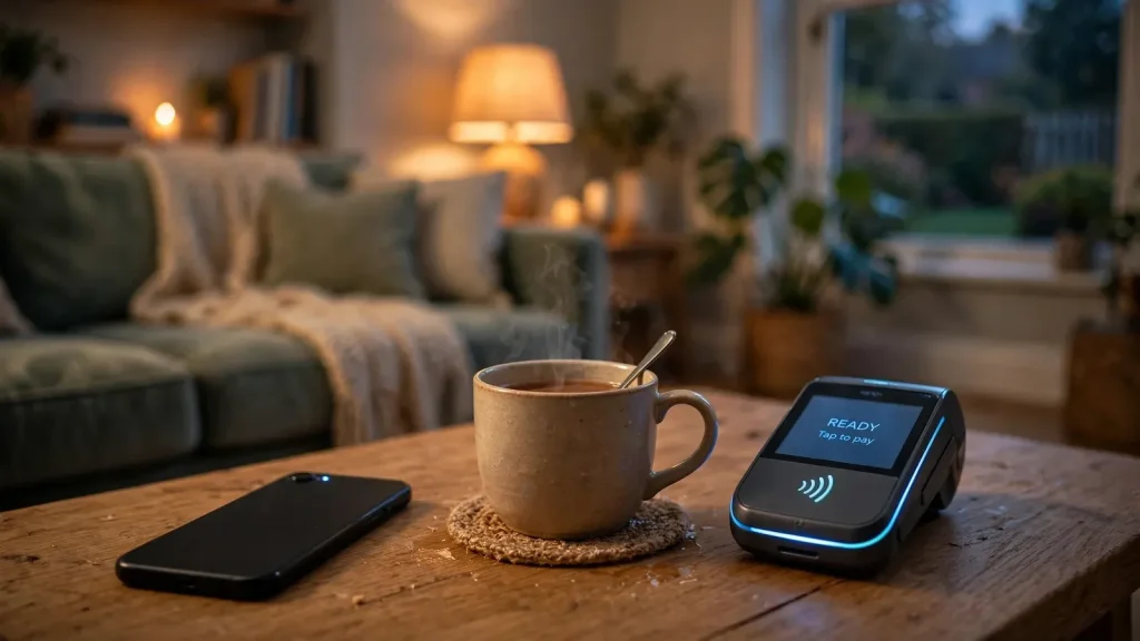 Smartphone on table in a cozy British living room with contactless payment device nearby