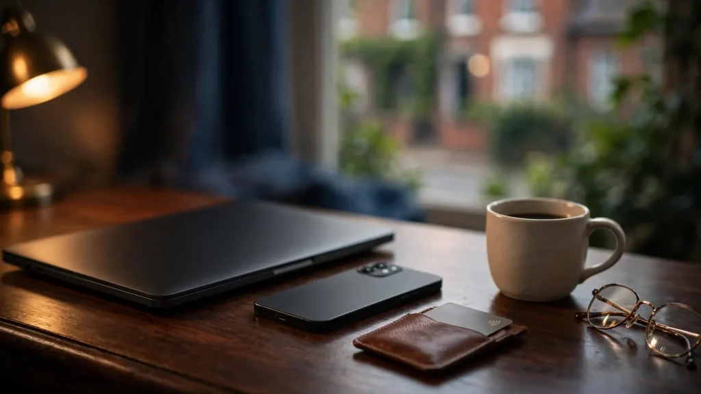 Closed laptop and face-down phone on a desk with a UK bank card and glasses
