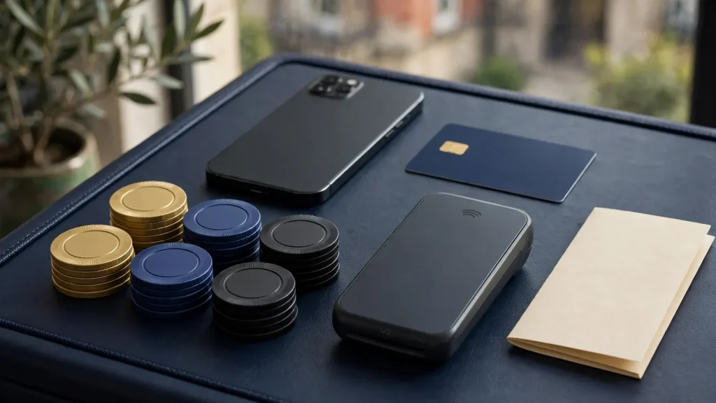 InstaDebit-style mobile deposit, bank card, terminal, chips, and bonus voucher