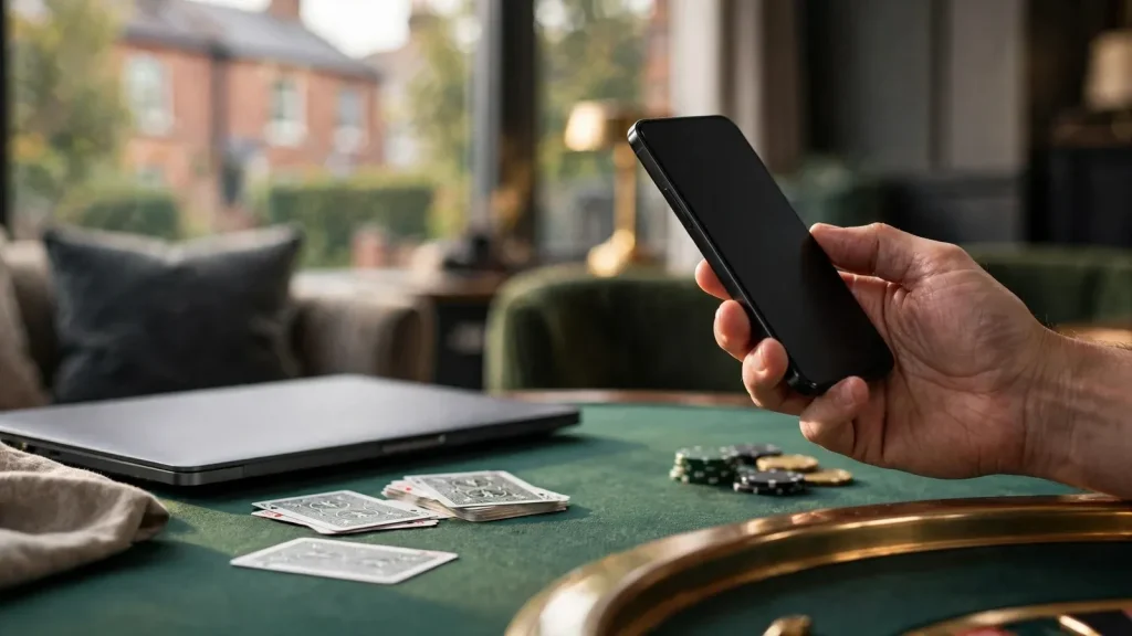 Player with phone, laptop, cards and chips on a casino table