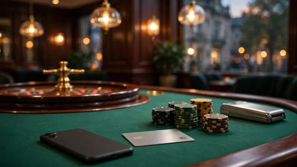 Casino table with chips, roulette, and face-down smartphone with payment card