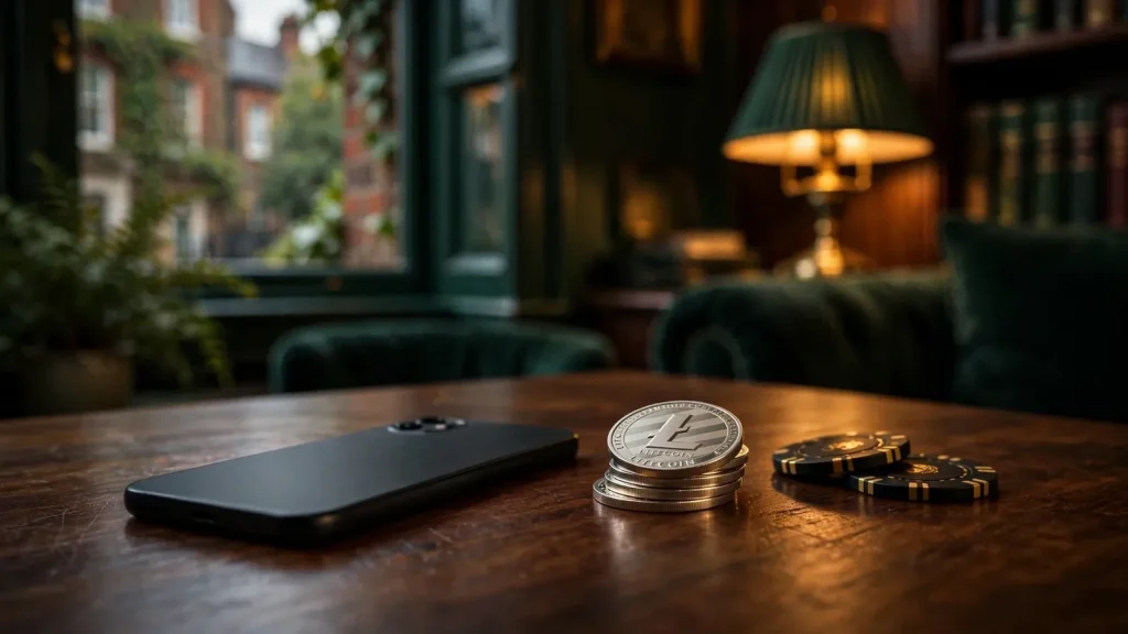 Litecoin coins, a smartphone and casino chips on a wooden table.
