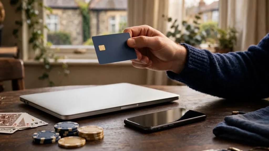 Person checking a UK debit card beside closed online devices