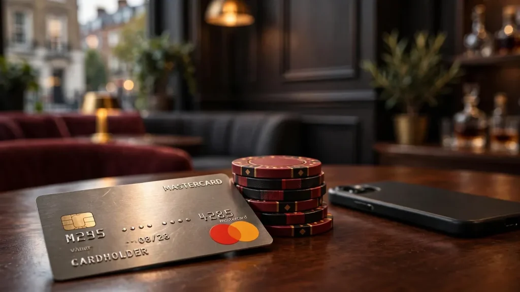 Mastercard credit card with casino chips on a dark table in an upscale UK gaming lounge