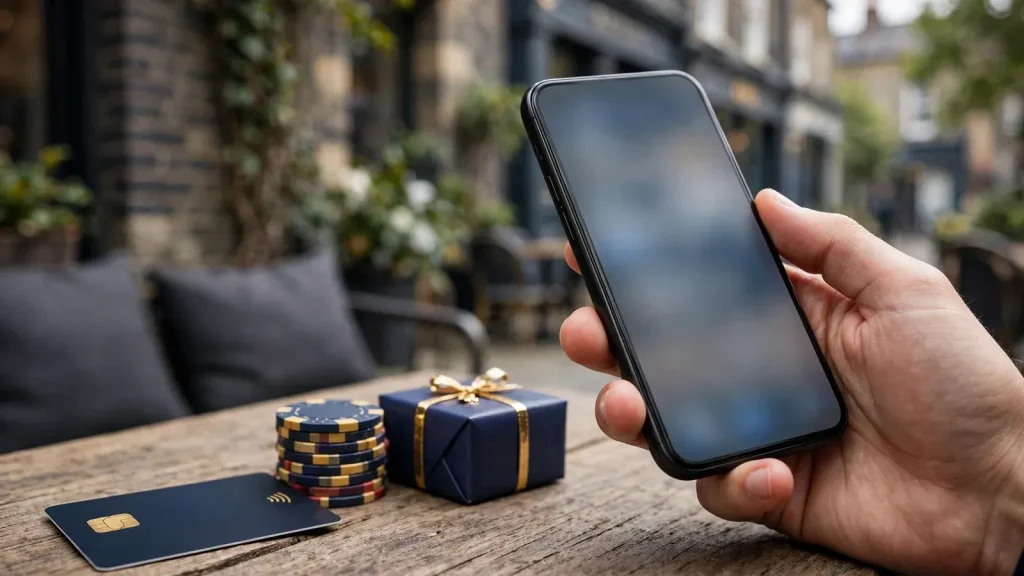 Smartphone, payment card, chips, and promotional gift for UK casino deposits