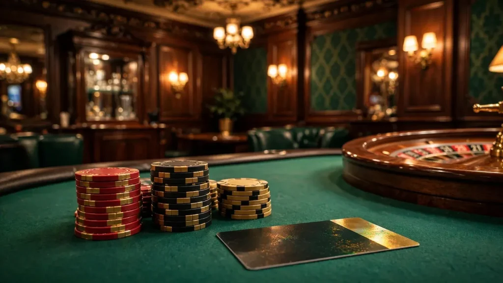 Classic UK casino table with stacked chips, roulette wheel and prepaid voucher card