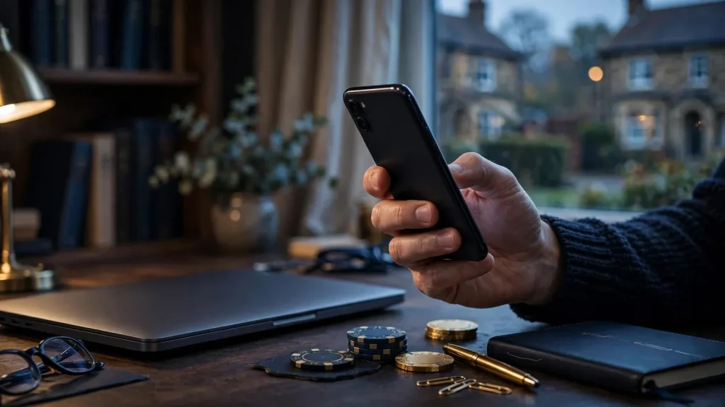 Player using a smartphone for an e-wallet casino deposit in a UK setting