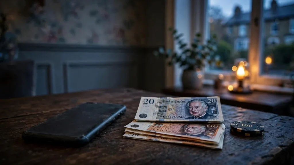 Smartphone turned face-down beside British pound notes and a poker chip