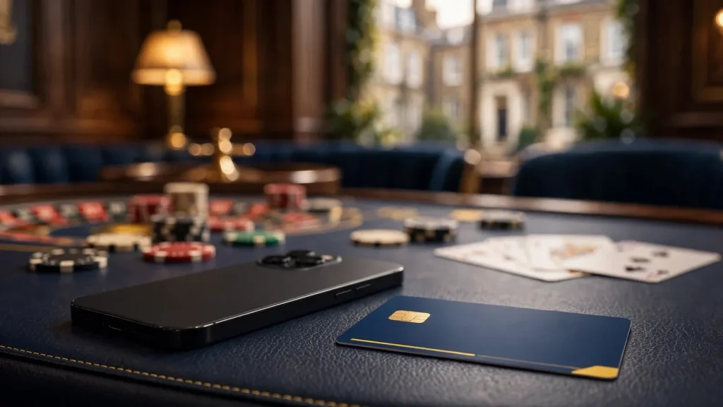 Mobile payment scene with smartphone and casino accessories