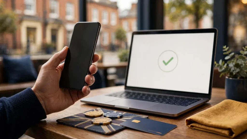 UK payment scene with smartphone, laptop, payment card and casino chips