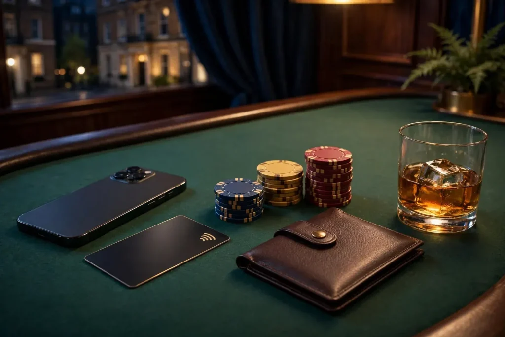 Smartphone, payment card, and casino chips on a British casino table