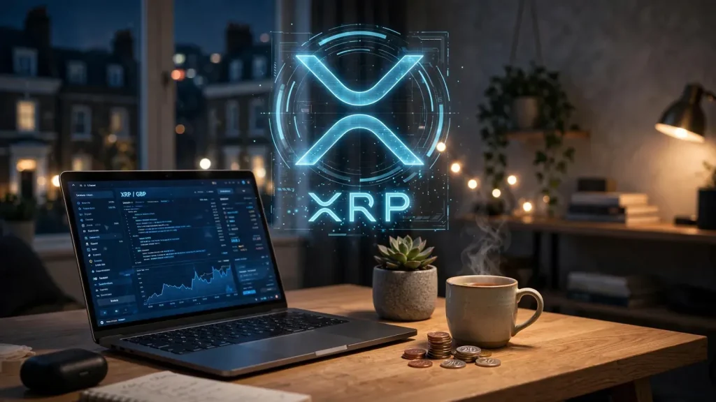 Modern London desk scene with laptop and Ripple XRP holographic emblem