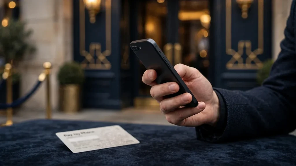 Adult using a mobile phone payment near a stylish UK casino entrance