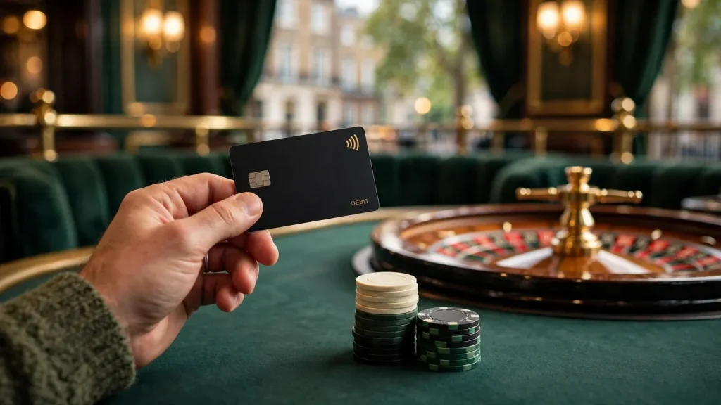 Hands holding debit card near casino chips and roulette wheel