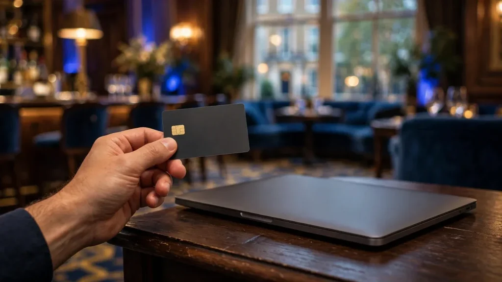 Anonymous payment card and closed laptop in a softly lit UK casino lounge