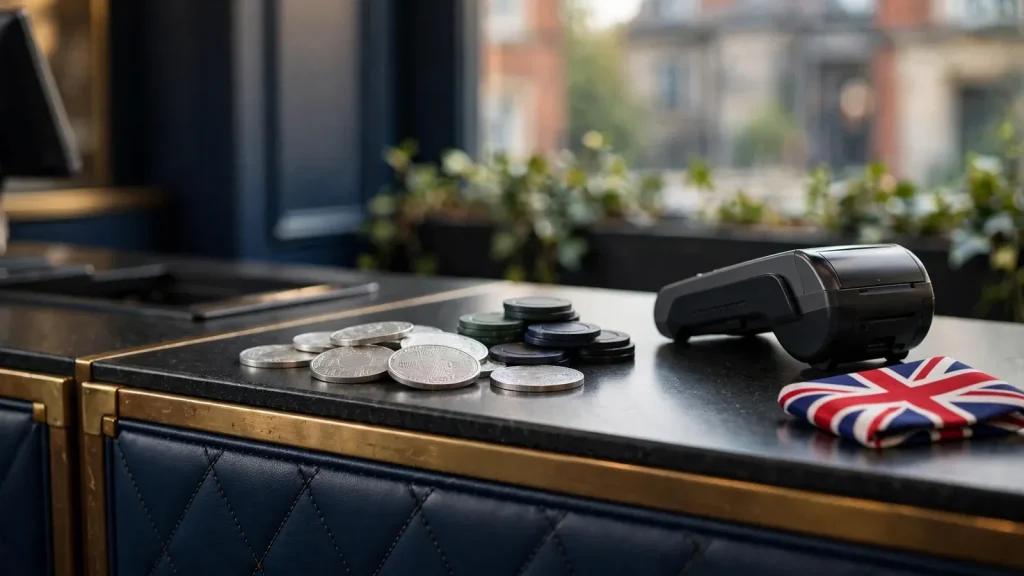 Silver stablecoin-style tokens and casino chips beside a discreet terminal in a UK casino
