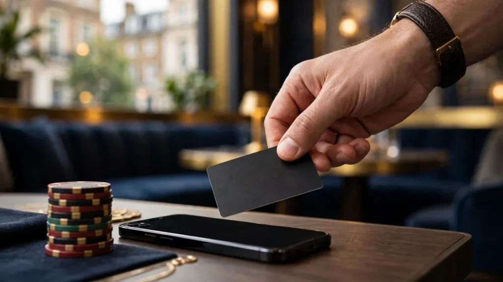 Payment card and casino chips beside a dark smartphone in London