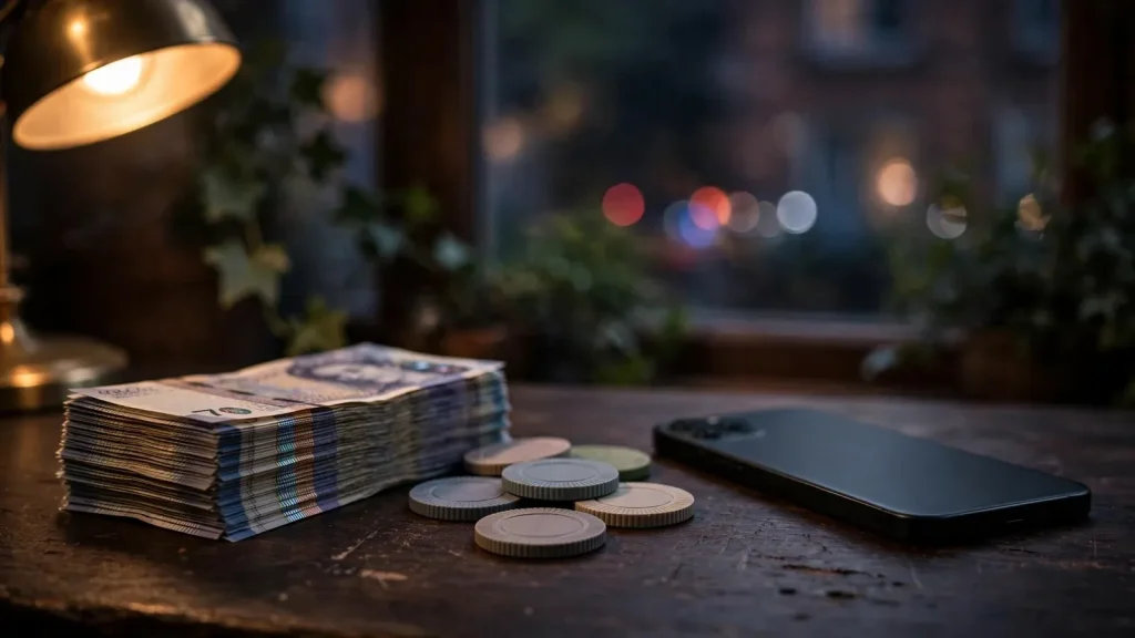 British pounds, casino chips and a face-down smartphone on a wooden desk