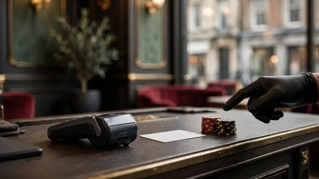 Casino cashier desk with blank payment card and discreet terminal