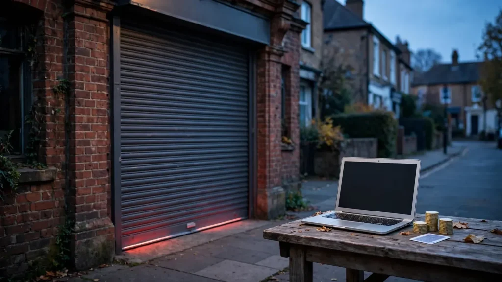 Closed UK betting shop beside a discreet offshore casino laptop
