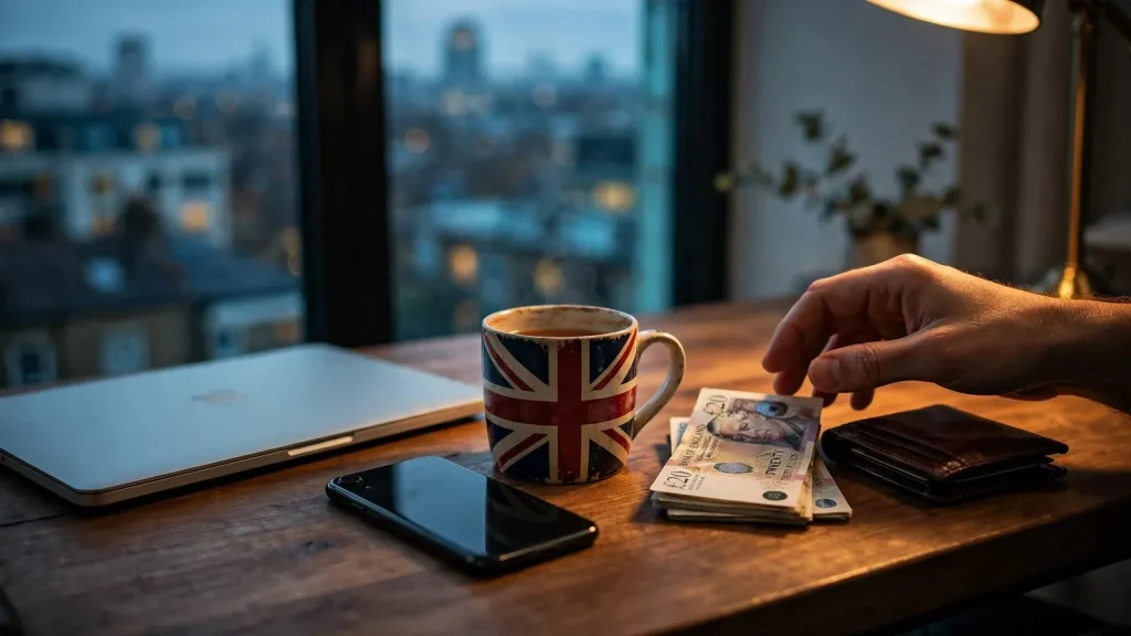 British pounds, a face-down smartphone, and a closed laptop on a London table at dusk
