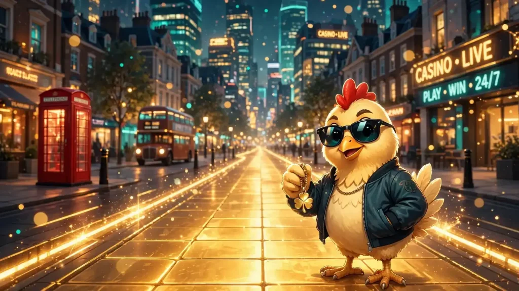 Cartoon chicken on glowing road with London casino skyline background