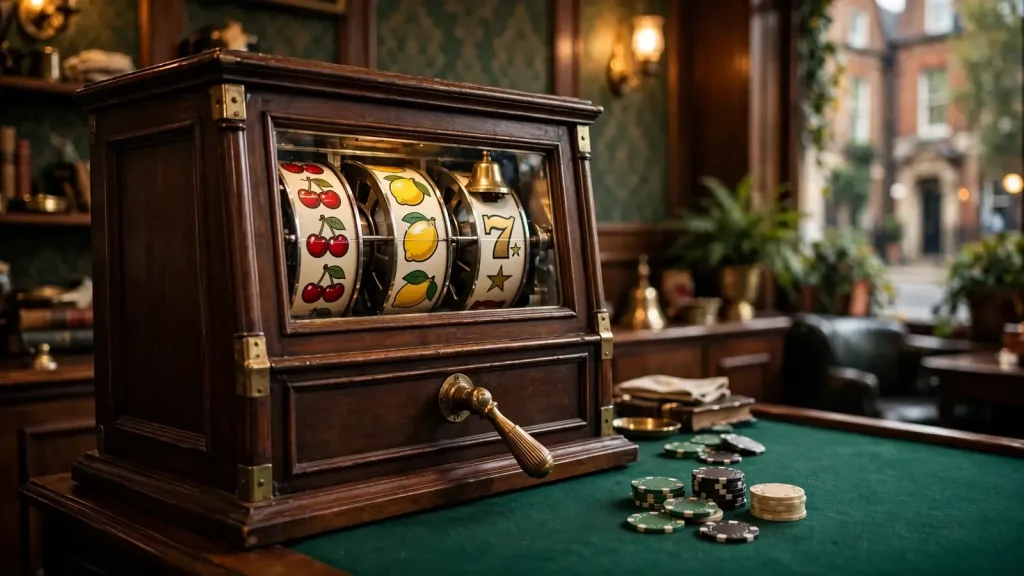 Vintage slot reels and casino chips in a warm British arcade lounge.