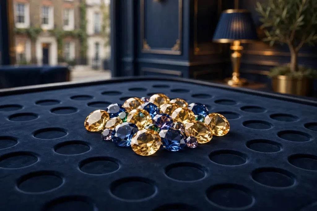 Matching gemstone symbols forming a winning cluster on a dark surface