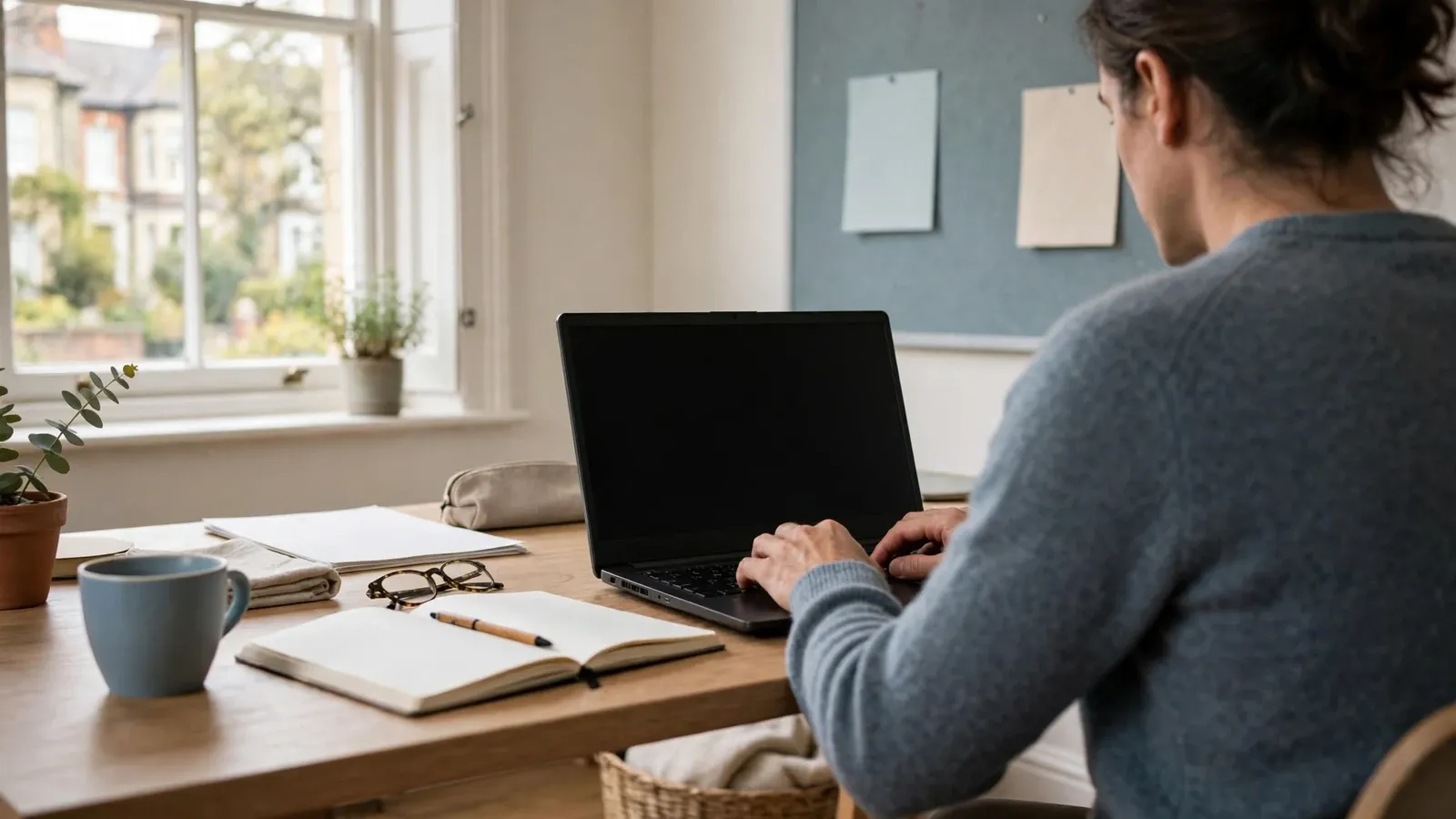 Anonymous person writing an editorial message in a bright office