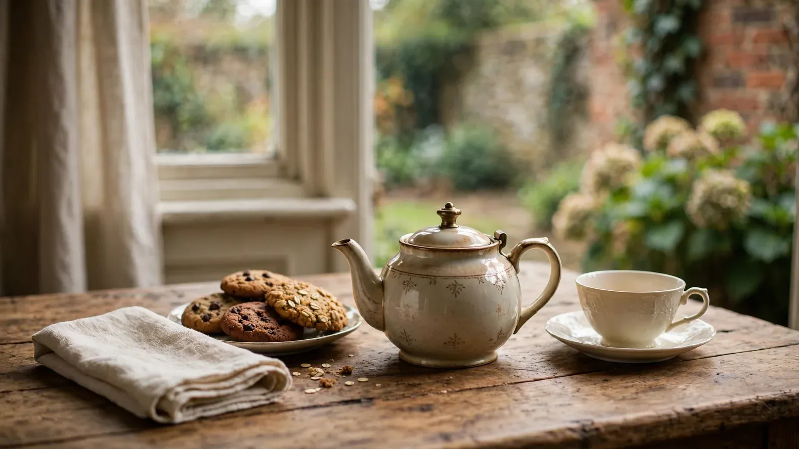 British afternoon tea with assorted cookies on a rustic table