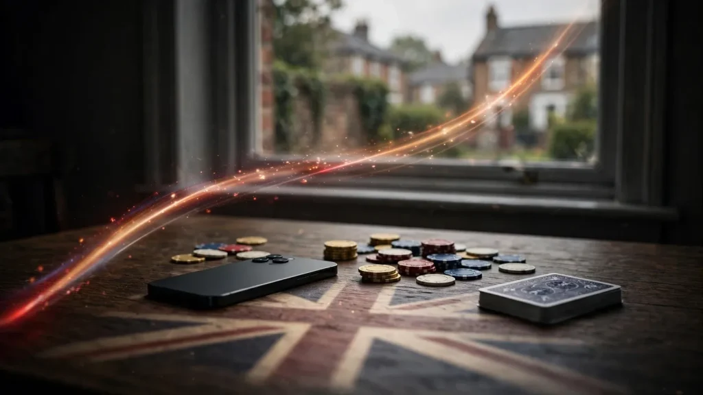 Face-down phone with casino chips representing UK regulated crash gambling