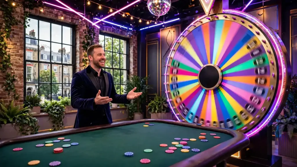Live casino game show studio with money wheel and presenter