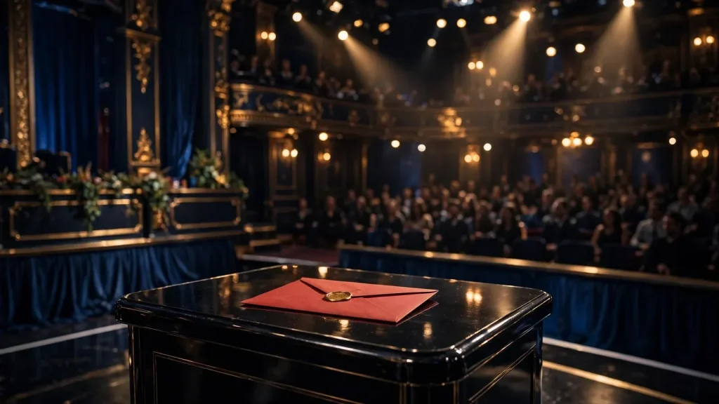 Glamorous British game show set with a podium and red envelope under spotlights