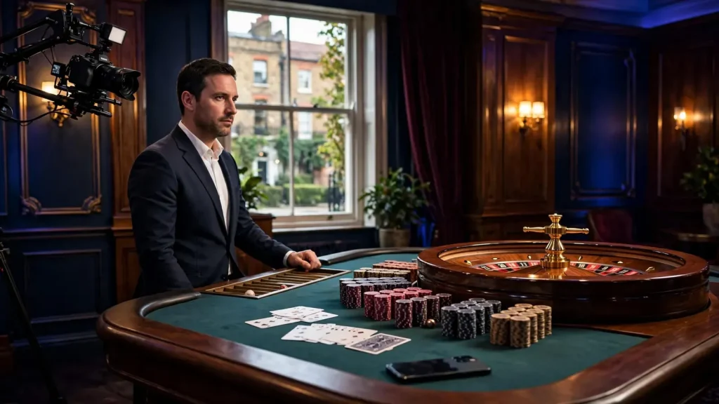 Live dealer studio with roulette table and discreet smartphone