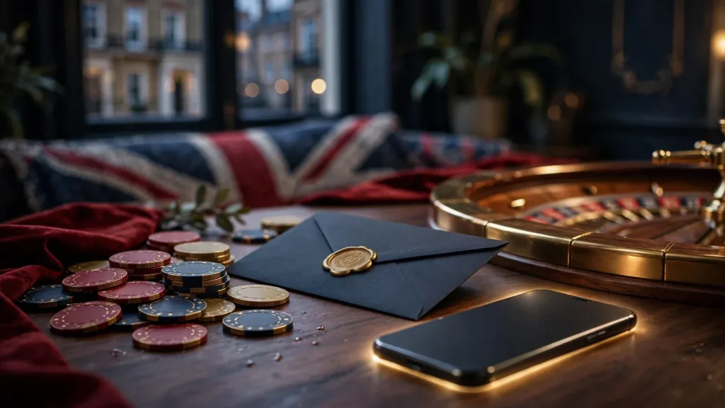 UK casino bonus scene with chips, roulette, voucher and hidden phone