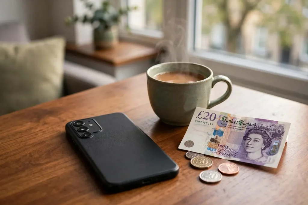 Smartphone face-down on a table next to British money and tea, suggesting quick casino payout