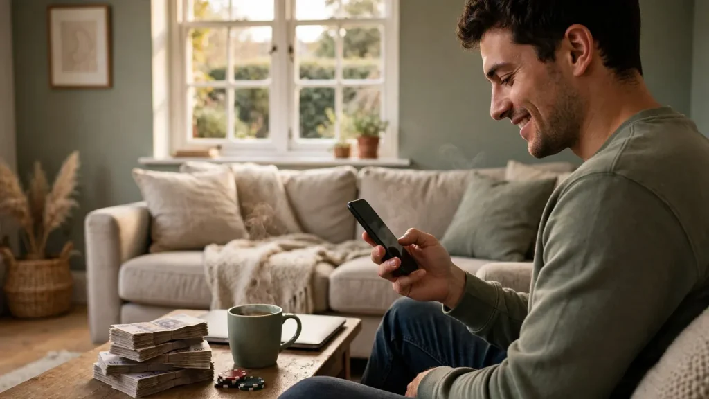 Person relaxing on sofa checking phone near pound notes and poker chips