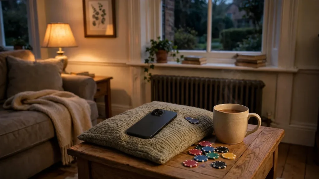 Smartphone on a cushion beside tea and casino chips in a warm British living room