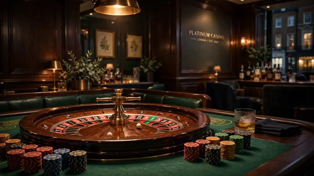 European roulette wheel with single zero on a green felt table in an elegant London casino setting.