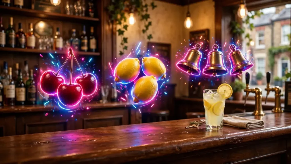 Classic UK fruit machine symbols reimagined with neon glow on a pub counter