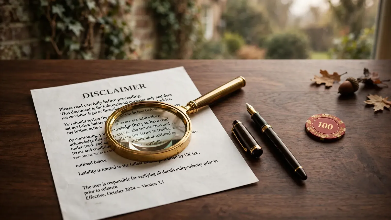 Disclaimer document under a magnifying glass on a wooden desk with a poker chip nearby