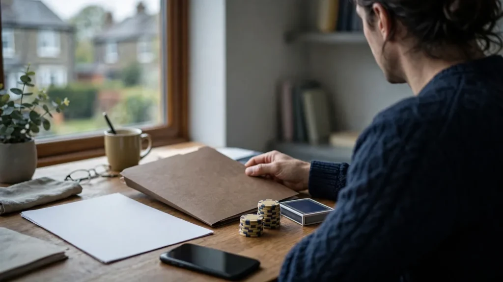 Player reviewing casino licence documents at a UK home desk