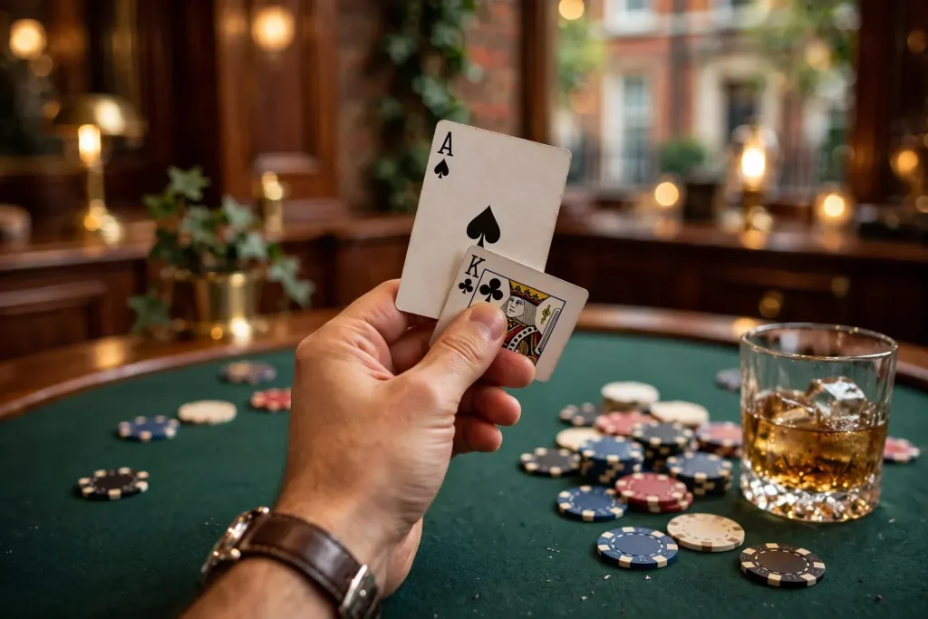 Two playing cards compared in hand on a casino table